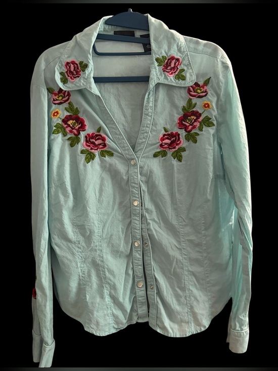 New York & Company Tops - New York & Co ~ Button-Down Shirt ~Light Blue ~ Long Sleeves ~ Rose Embroidered